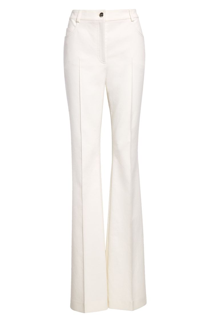 A silk-softened blend elevates high-waist pants tailored with the label's quintessential clean lines and signature stark style. 35" inseam; 24" leg opening; 12 1/2" front rise; 17 1/2" back rise (size 16) Zip fly with button closure Front slant pockets 50% cotton, 44% silk, 4% elastane, 2% nylon Dry clean Made in Romania Women's Designer Clothing Elegant White Wide Leg Dress Pants, Luxury Straight Leg Pantsuit, Elegant Tailored White Wide Leg Pants, Elegant White Wide Leg Pants For Business Casual, Modern Full-length White Pants, Modern White Full-length Pants, Modern White Wide Leg Pants For Formal Wear, Modern White Wide Leg Pants For Formal Occasions, Modern White Formal Wide Leg Pants