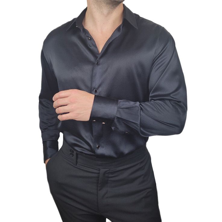 This men's silk dress shirt is made from shimmering 100% Mulberry Silk and is soft, smooth, and lightweight. This shirt can be worn year round, in hot or cold weather, thanks to silk's breathability and moisture wicking properties. Wear this shirt untucked for a relaxed and leisurely look, or tuck the shirt in for more formal settings. Our silk shirts are so incredibly comfortable and luxurious that you may never want to wear a dress shirt made from any other type of fabric again! ** Please allo Silk Shirts For Men, Black Silk Shirt Men, Silk Dress Shirt, Silk Shirt Men, Black Silk Shirt, Black Suit Men, Satin Shirts, Silk Shirts, Silk Clothes