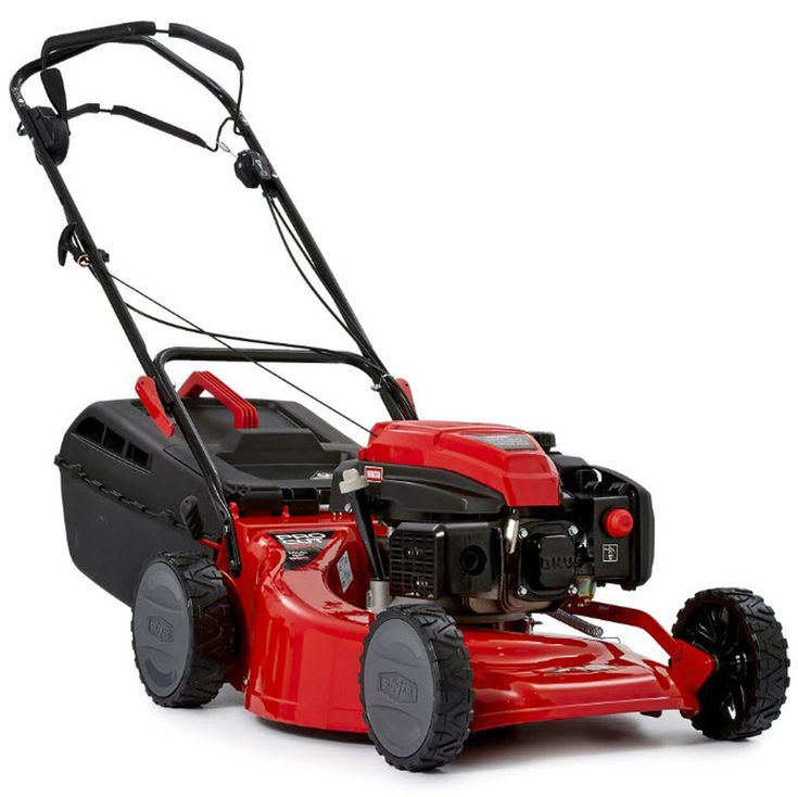 a red lawn mower on a white background