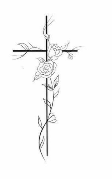 a cross with roses on it and the word love is written in black ink over white paper