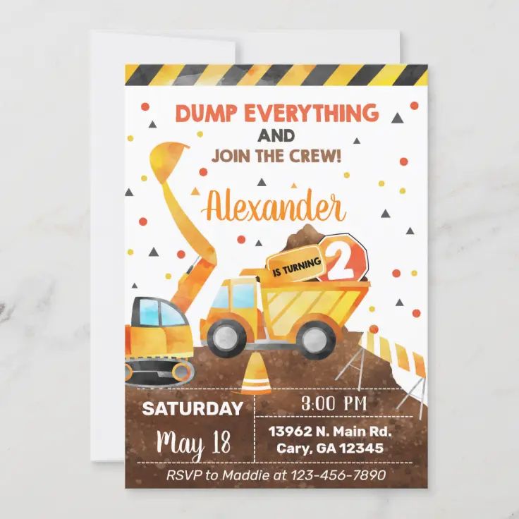 construction birthday party card with dump truck and excavator on the front,