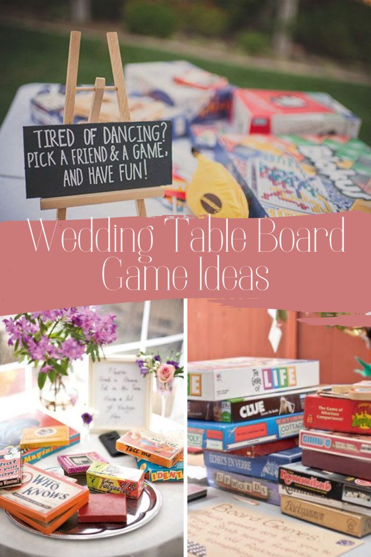 a table topped with lots of books and cards next to a sign that says wedding table board game ideas