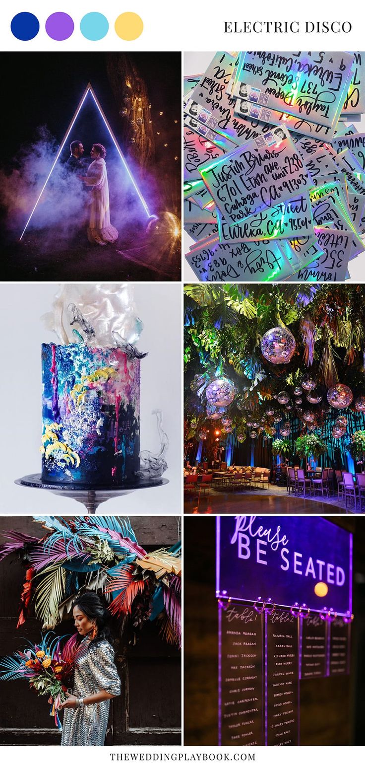 four different pictures with the words electric disco and neon lights in them, including a sign that says be's eatery