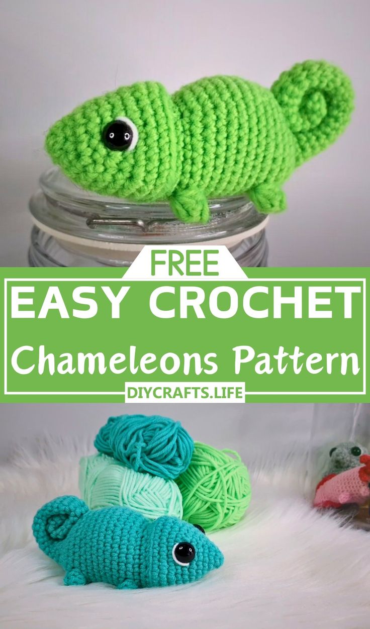 two crocheted fish sitting next to each other with text overlay that reads, free easy crochet chamelons pattern