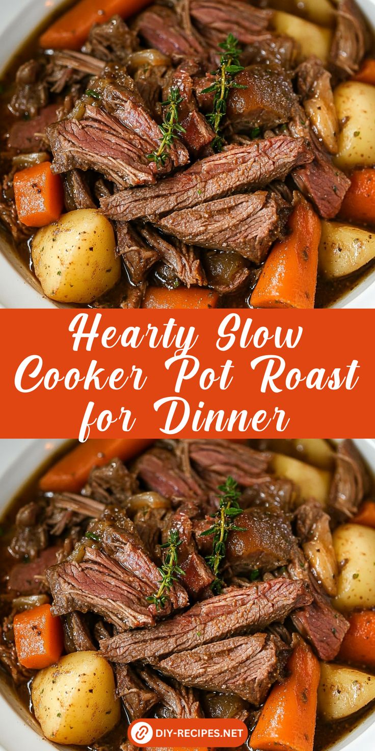 a bowl filled with beef and potatoes on top of a white plate next to the words hearty slow cooker pot roast for dinner