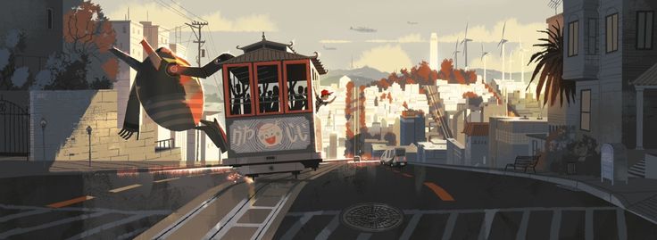 an animated image of a trolley car going down the street with buildings in the background