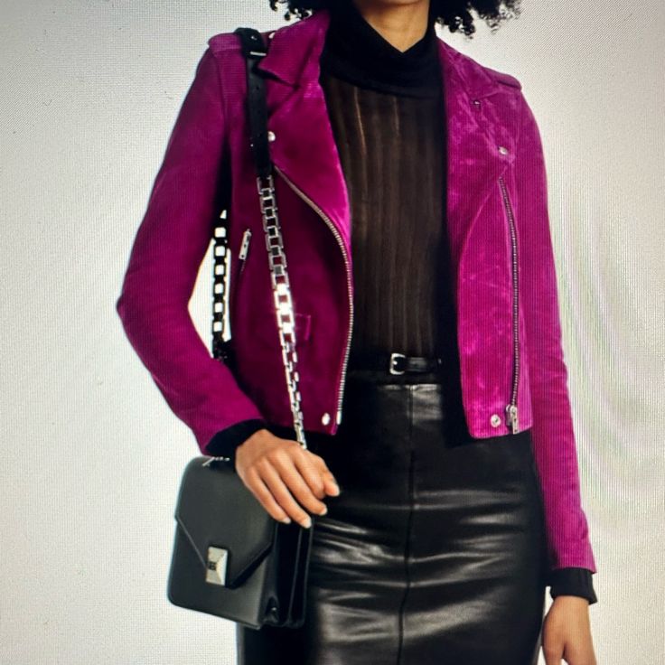 Biker Jacket; Magenta Suede; Zipped Cuffs; Zip Pockets; Zip Fastening Through Front Fully Lined; Supple, Non-Stretchy Leather Specialist Clean Imported 100% Lambskin Magenta Jacket Outfit, Designer Biker Jacket With Long Sleeves For Spring, Luxury Long Sleeve Biker Jacket For Spring, Designer Biker Jacket With Zipper For Spring, Designer Biker Jacket With Zipper Closure For Spring, Magenta Jacket, Suede Moto Jacket, Fall Jackets, Moto Jacket