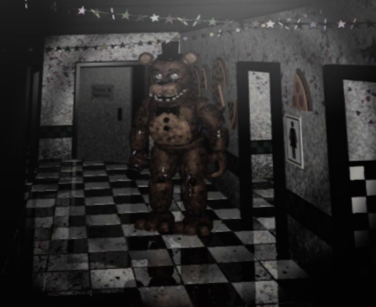 a creepy looking bear standing in the middle of a room with black and white checkered floors