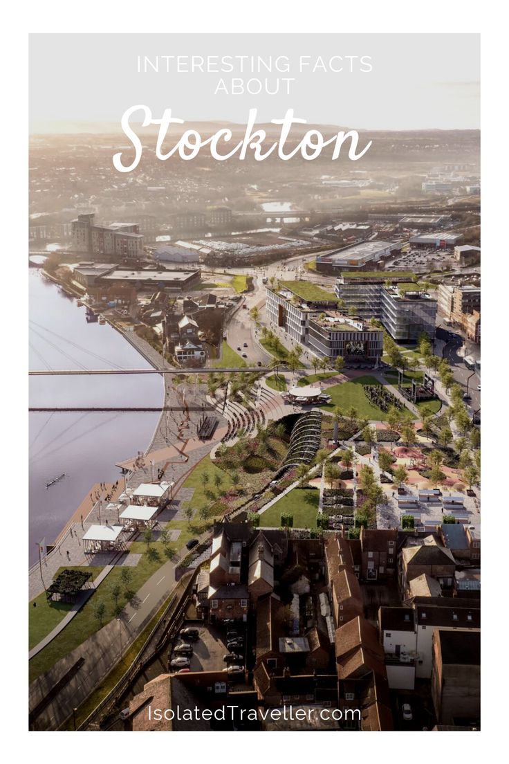 an aerial view of the city with text overlaying it that reads interesting fact about stockton