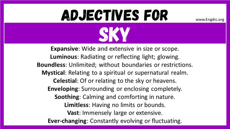 a purple and white poster with the words sky on it's bottom corner, above which is an informational description