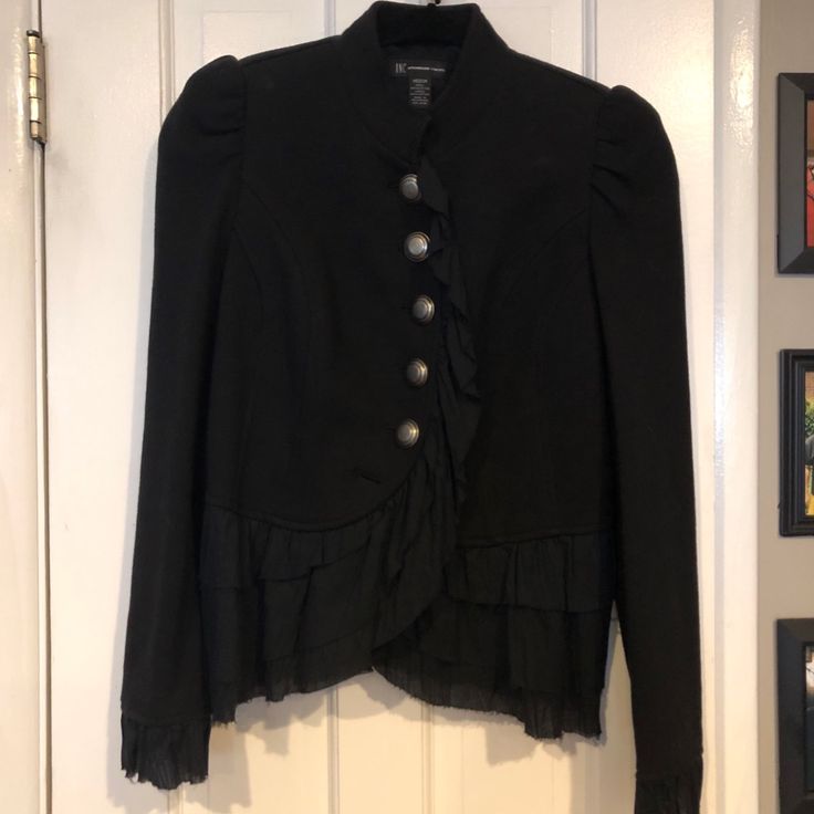 Nwt Inc Black Ruffled Military Short Jacket Sz M 17.5” Armpit To Armpit 21.75” From Top Of Shoulder To Bottom Fitted Alternative Outerwear For Spring, Fitted Alternative Spring Outerwear, Punk Style Black Blazer For Fall, Gothic Fall Outerwear With Buttons, Gothic Black Blazer For Fall, Spring Gothic Outerwear For Alternative Fashion, Steampunk Outerwear With Button Closure For Fall, Alternative Long Sleeve Spring Outerwear, Gothic Winter Workwear Outerwear