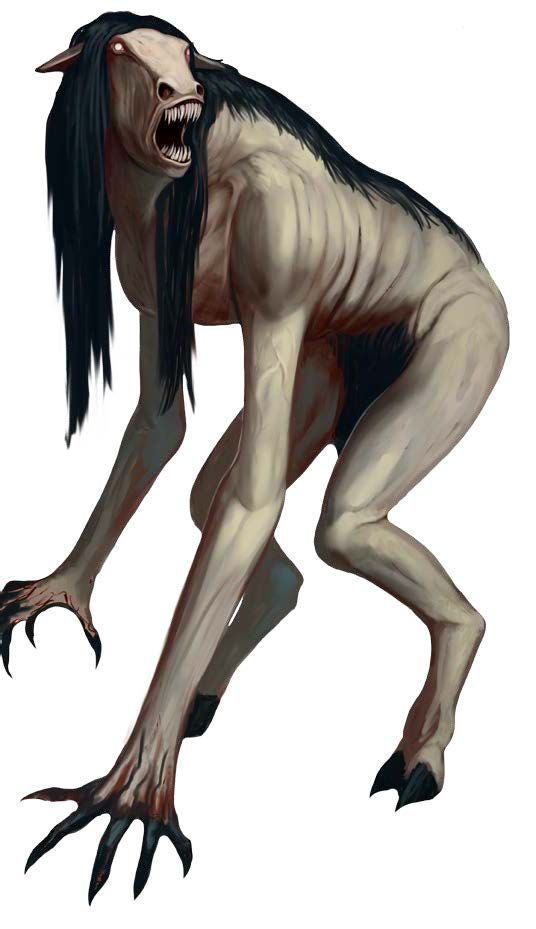 an image of a creature with long hair and claws on it's head, standing in