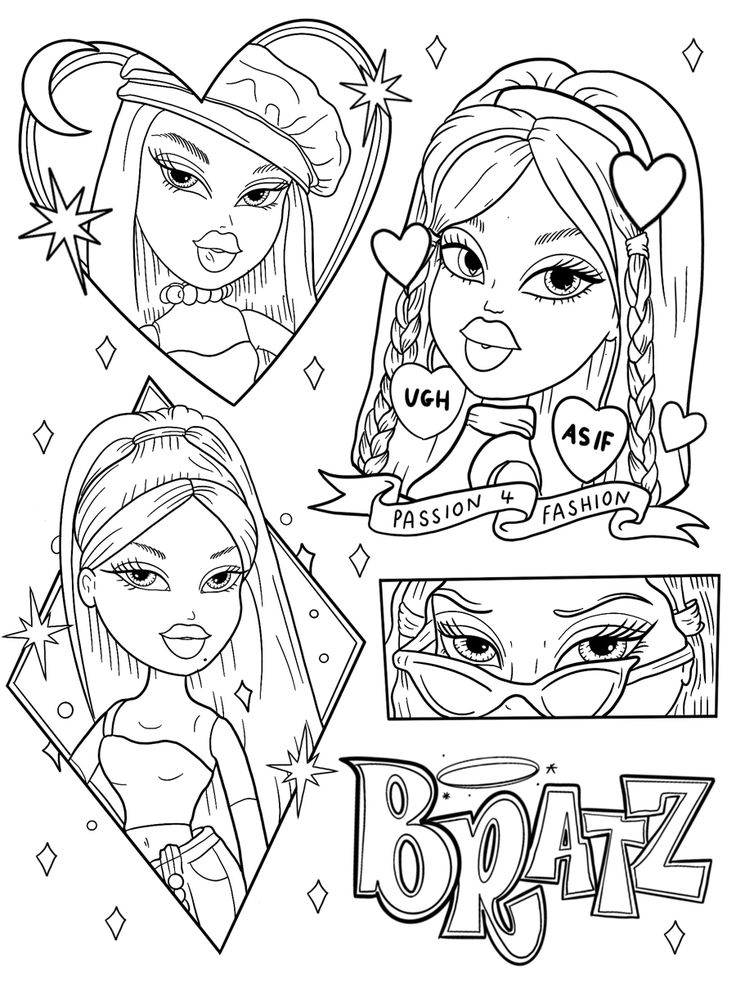 Bratz Coloring Pages, Aesthetic Colouring Pages Printable, Y2k Coloring Pages, Aesthetic Coloring Pages, Bratz Coloring, Coloring Designs, Desen Realist, Kitty Coloring, Easy Coloring