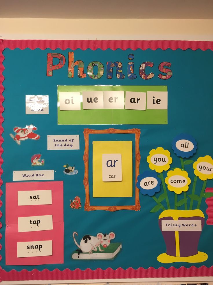 a bulletin board with pictures and words on it that say phonics or we are