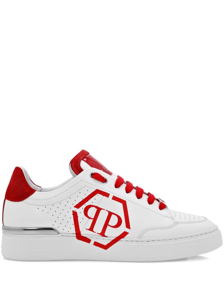 off-white/cardinal red calf leather perforated detailing logo print to the side and tongue contrasting heel counter round toe front lace-up fastening branded insole flat rubber sole Custom Calf Leather Sneakers With Embossed Logo, White Custom Sneakers With Rubber Sole In Calf Leather, Casual Calf Leather Sneakers With Logo, Lace-up High-top Calf Leather Sneakers, Calf Leather Sneakers With Logo And Round Toe, White Calf Leather Sporty Sneakers, Luxury Calf Leather Sneakers For Streetwear, Sporty White Calf Leather Sneakers, Sporty Lace-up Custom Calf Leather Sneakers