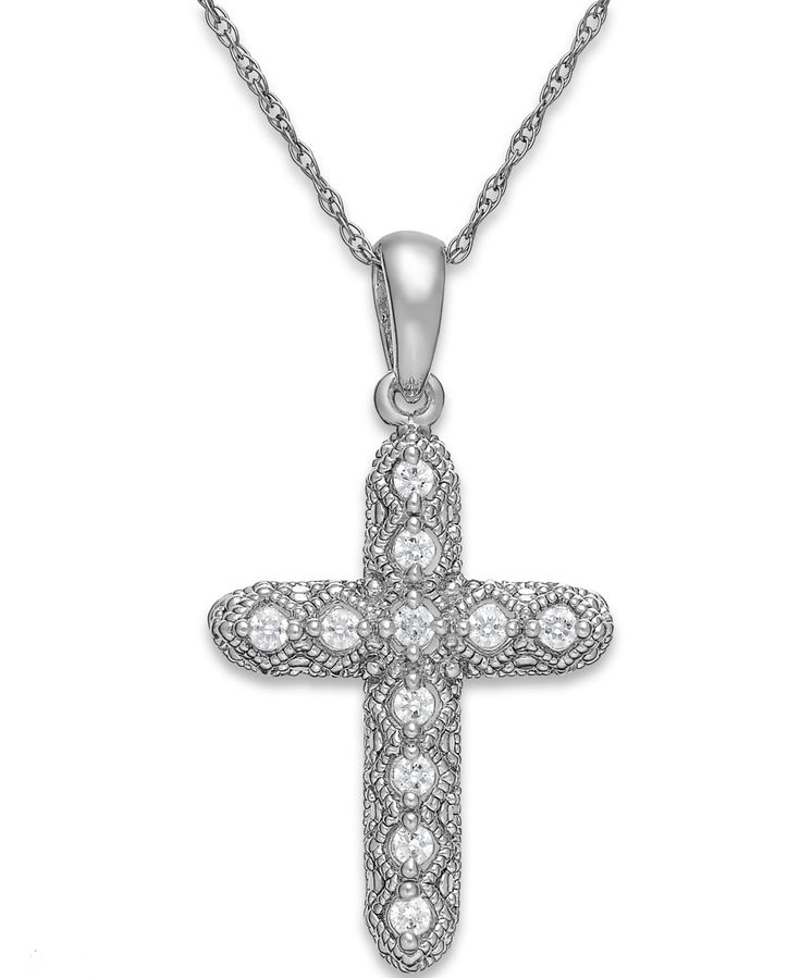 A stunning cross to wear. This pendant necklace enchants with full-cut diamonds (1/8 ct. t.w.) set in 14k white gold. Approximate length: 18 inches. Approximate drop: 1 inch. Diamond Cross Pendants, Diamond Cross, Cross Jewelry, Cross Pendant Necklace, Cross Pendant, Cross Necklace, Diamond Cuts, Jewelry Watches, Diamonds