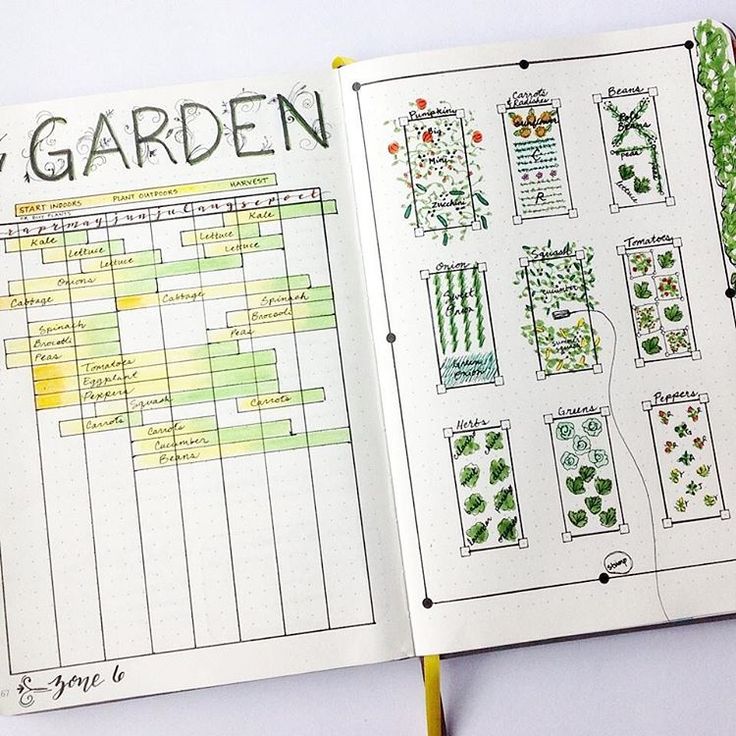 an open notebook with garden diagrams on the page and notes about plants in each section