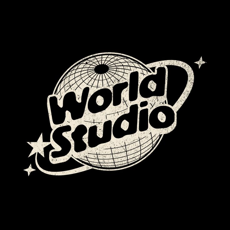 the word world studio written in white on a black background with an image of a globe