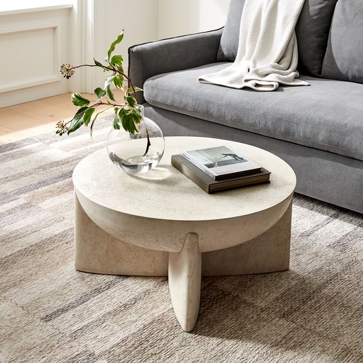 a living room with a gray couch and coffee table