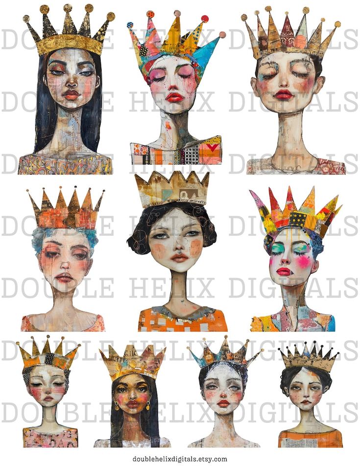 six different images of women with crowns on their heads and one woman's face