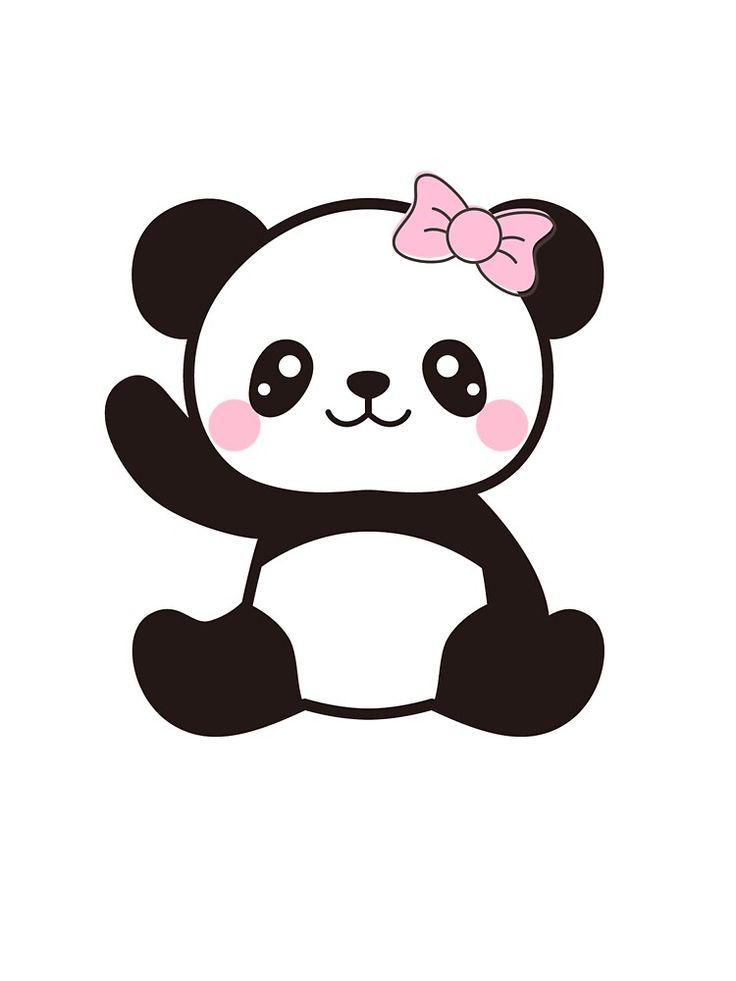 a black and white panda bear with a pink bow on it's head sitting down