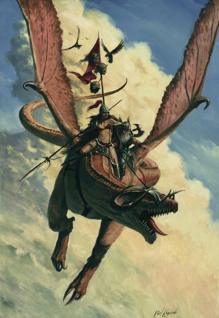 a painting of a man riding on the back of a dragon