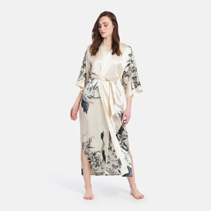 Our long washable silk kimono robe is both functional and elegant for every occasion. Order a lightweight Kiku kimono for yourself today here at KIM+ONO! Belted Wrap Kimono For Loungewear, Silk Tie Waist Kimono For Loungewear, Lounge Robe With Kimono Sleeves And Tie Waist, Sleeping Robe, Silk Kimono Robe, Kimono Wrap, Silk Dress Long, Vegan Leather Handbag, Silk Robe