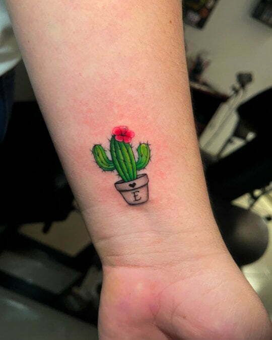 a small cactus tattoo on the wrist is shown in this image, it has a red flower