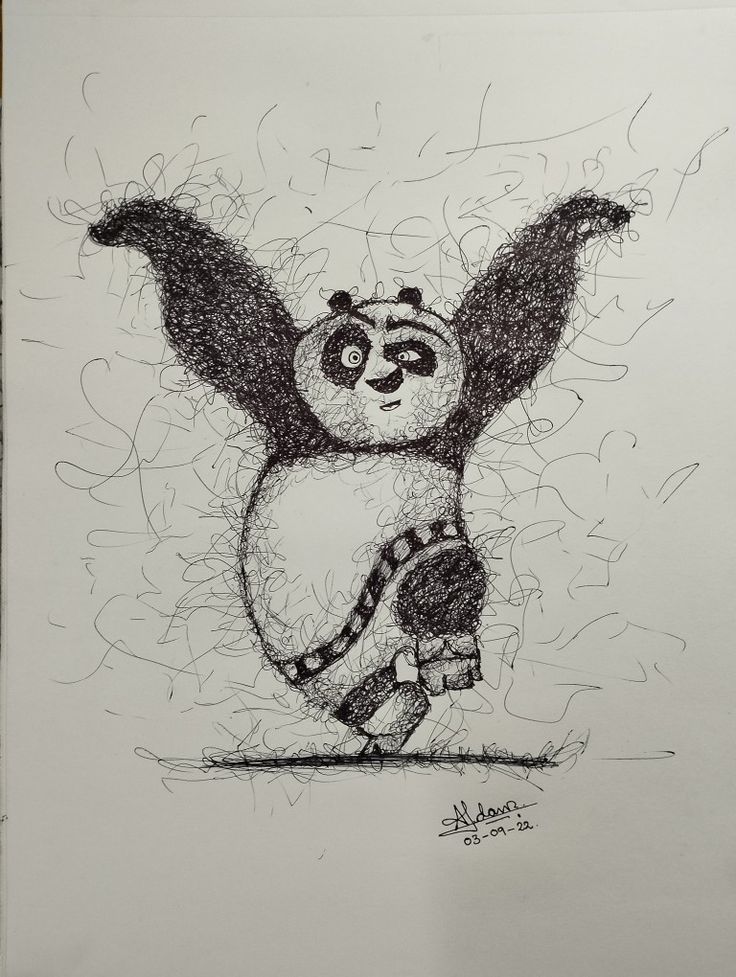 a drawing of a panda bear with its arms in the air and his legs spread out