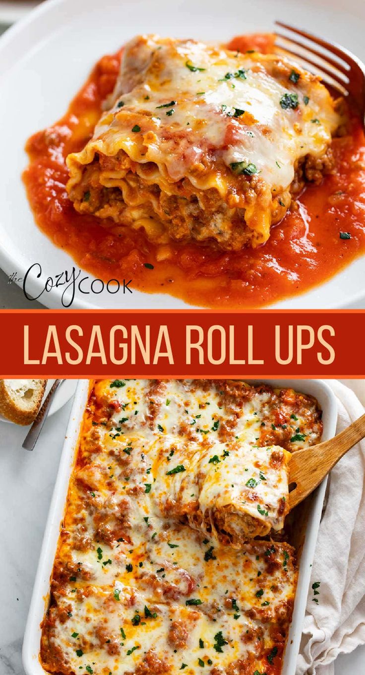 lasagna rolls with cheese and sauce in a casserole dish on a white plate