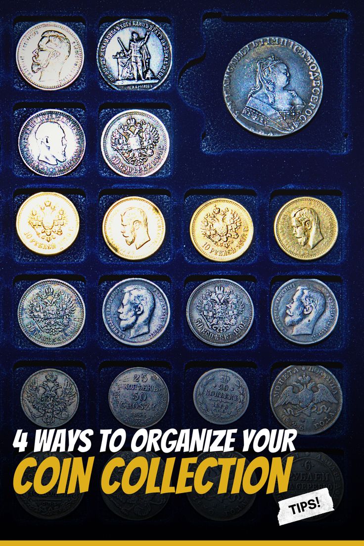 the coin collection is shown with four different types of coins in its case and text that reads