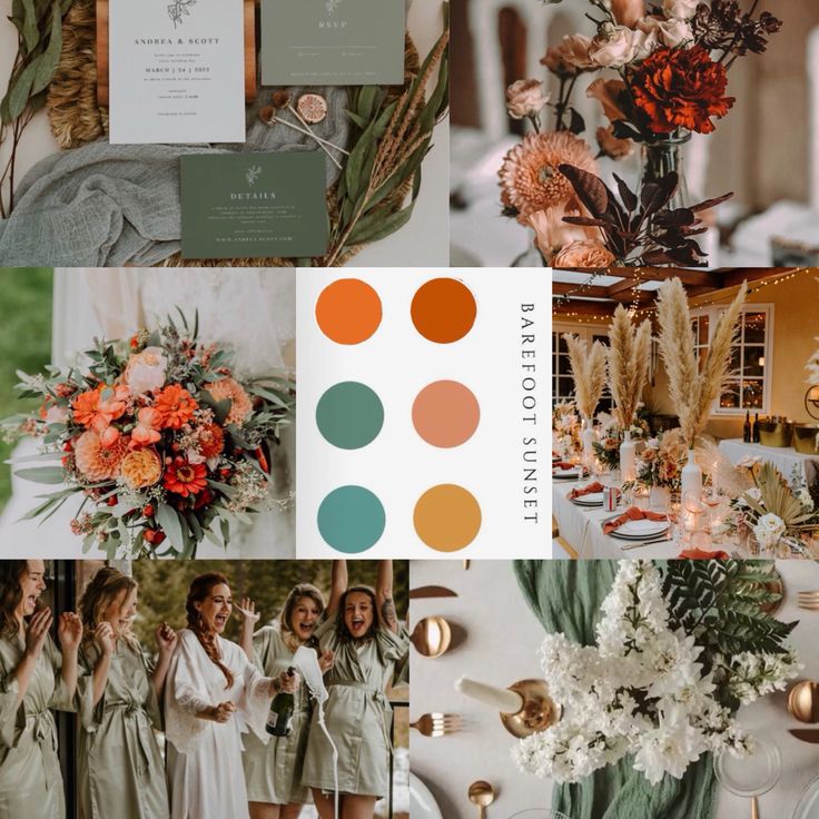 a collage of photos with flowers and greenery in them, including an orange color scheme