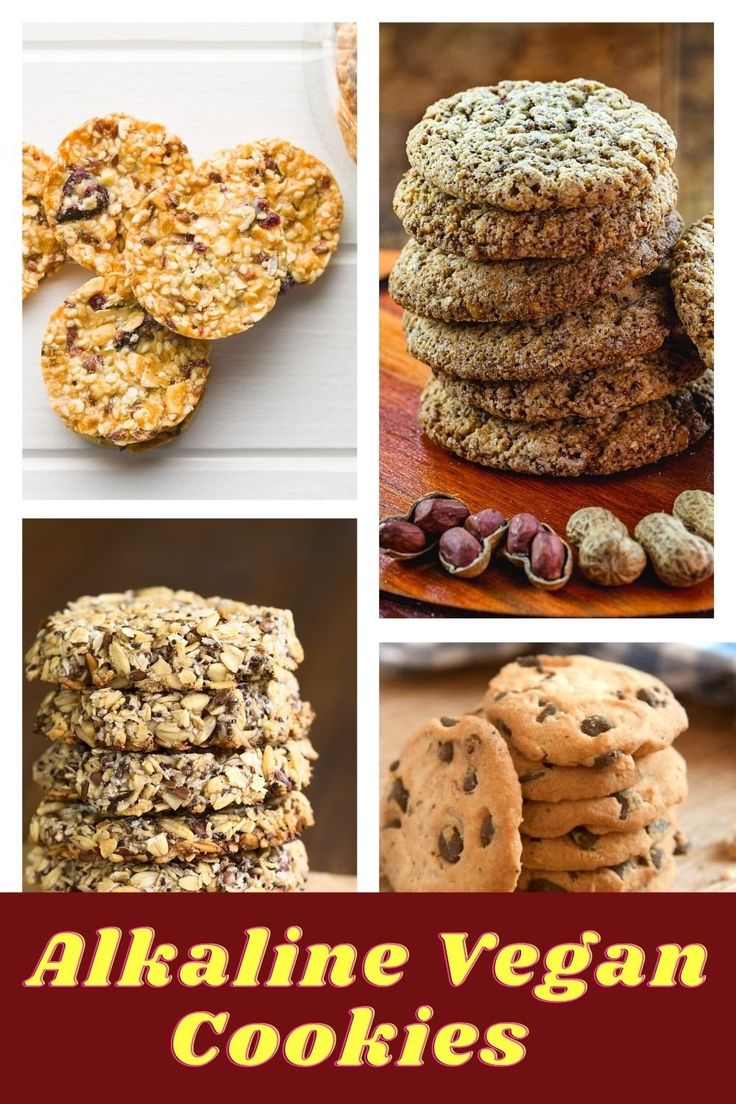 the collage shows different types of cookies and cookies with text overlay that reads alcalaine vegan cookies