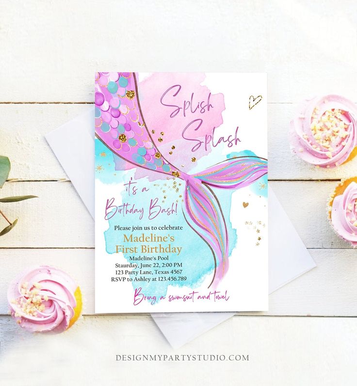 a pink and blue mermaid tail birthday party card with gold glitter confetti on it