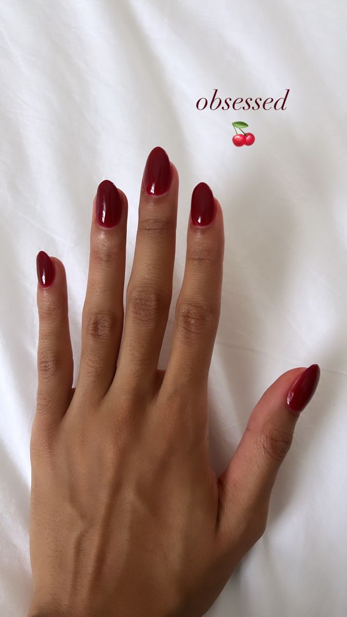 Cherry red almond nails for fall black girl Red Fall Almond Nails, Cherry Red Nails Acrylic Almond, Emma Chamberlain Nails Red, Cranberry Red Nails Acrylic, Fall Red Nails Almond, Almond Cherry Red Nails, Red Nails Acrylic Almond Short, Cherry Red Oval Nails, Cherry Red Manicure