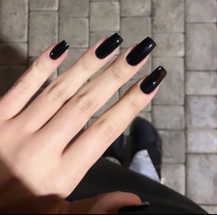 Black Nails Square Long, Squoval Black Nails, Black Shirt Square Nails, Black Nails Square Medium, Long Black Nail Ideas Square, Black Nails Long Square, Black Square Nails Long, Black Tapered Square Nails, Solid Black Nails