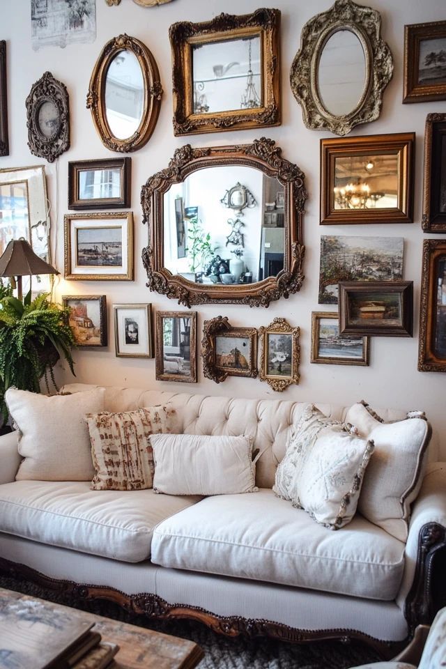 a living room filled with furniture and lots of framed pictures on the wall above it