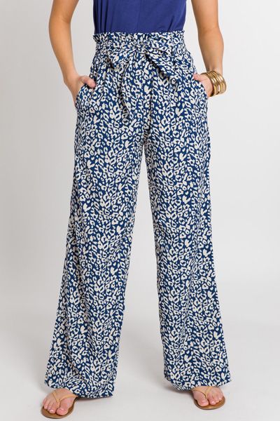 Blue Leopard Printed Pants - Pants & Leggings - Bottoms - The Blue Door Boutique Chic Printed Bottoms With Relaxed Fit, Patterned Wide Leg Printed Pants, Chic Relaxed Fit Printed Bottoms, Chic Patterned Printed Bottoms, Printed Wide Leg Pants For Day Out, Patterned Printed Wide Leg Pants, Cheap Blue Floral Print Pants, Chic Printed Patterned Bottoms, Wide Leg Printed Bottoms For Day Out