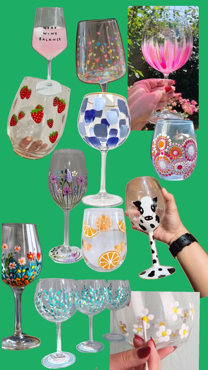 many different types of wine glasses with designs on them