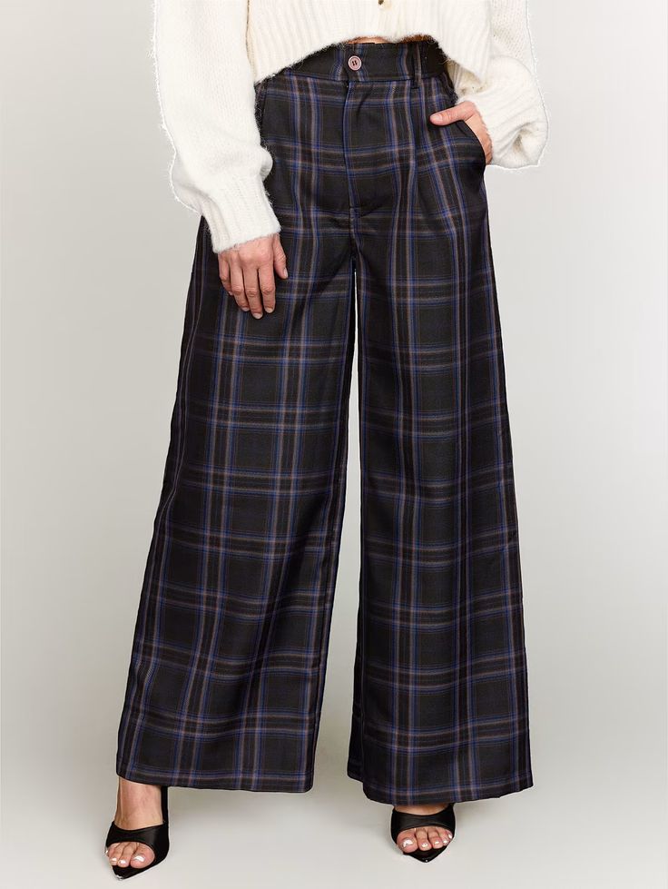 Plaid High Waist Wide Leg Pants - Fore Collection | New York & Company Chic Plaid Straight Leg Pants, Plaid Full Length Pants For Fall, Plaid Full-length Pants For Fall, Chic Plaid Straight Leg Bottoms, Fall Relaxed Fit High-waisted Pants, Chic Plaid Wide Leg Pants, Relaxed Fit High-waisted Pants For Fall, High-waisted Relaxed Fit Bottoms For Fall, Wide-leg Plaid Bottoms With Pockets