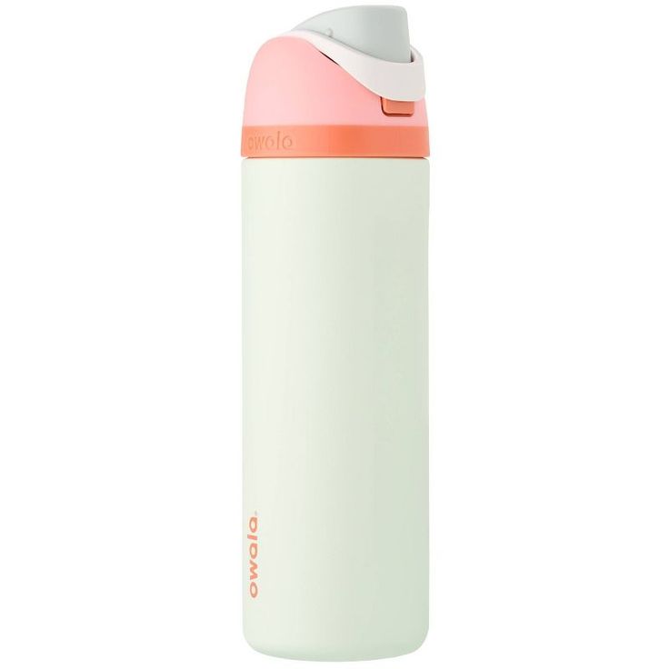 a white and pink insulated water bottle on a white background with an orange stripe