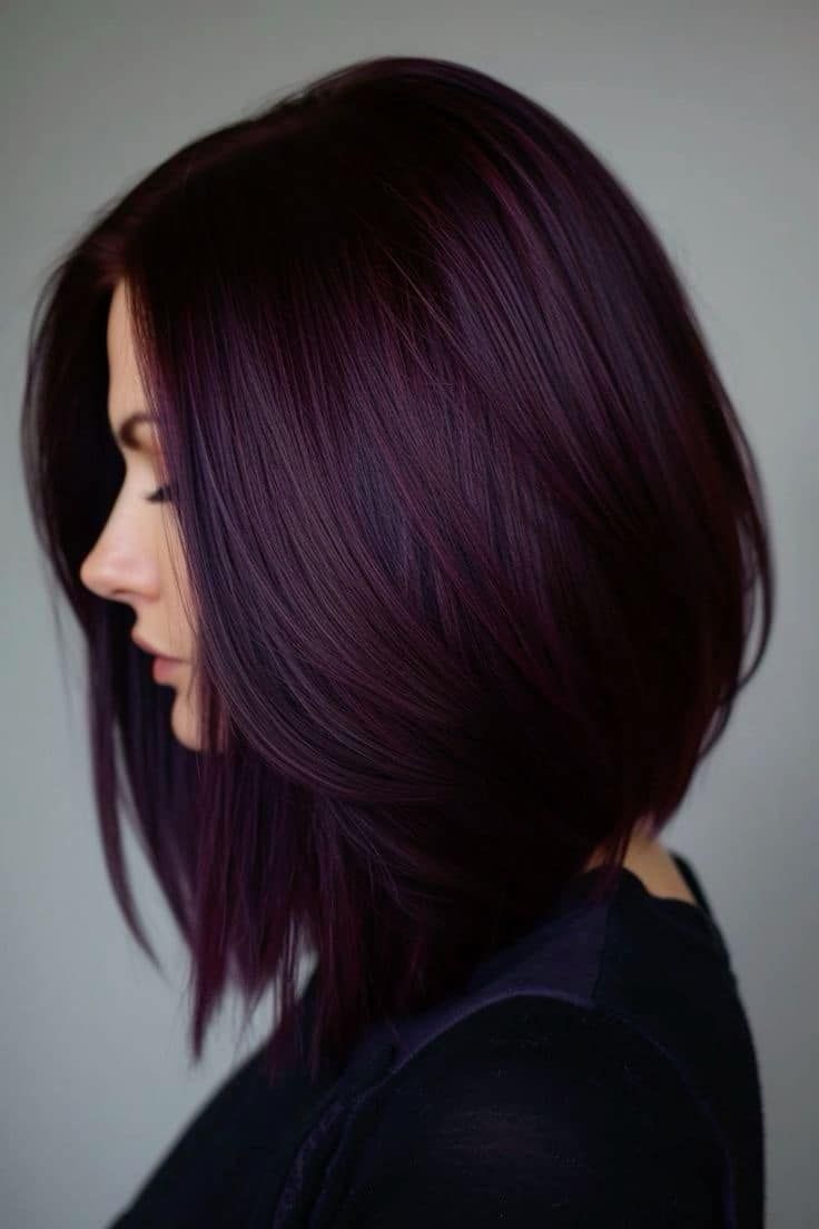 Fall Hairstyles For Medium Hair, Bangs Side Swept, Violet Black Hair, Haircut Highlights, Ideas De Pelo, Bangs Side, Wine Hair, Color Formulas, Fall Hairstyles