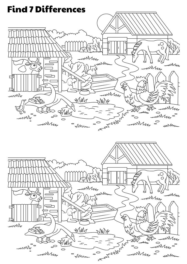 two coloring pages with farm scenes and text that reads find 7 differences in the image