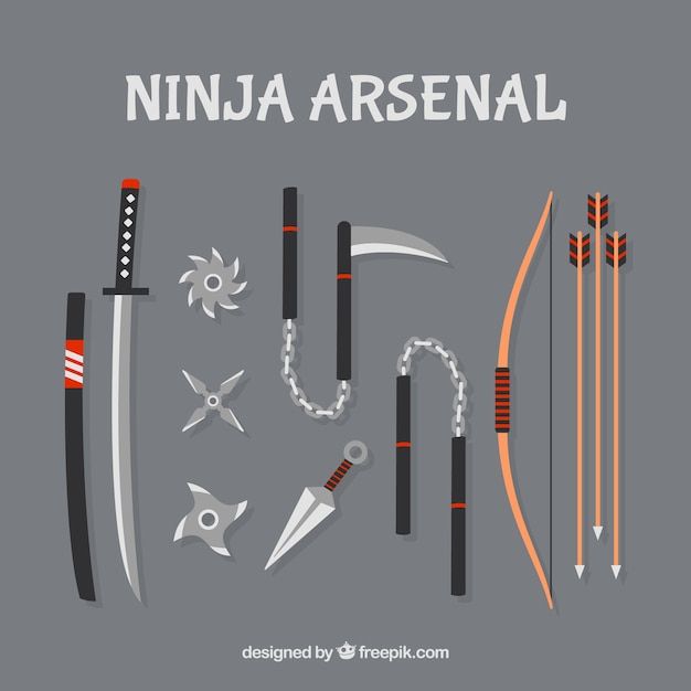 an assortment of different types of knives and swords on a gray background with the words ninja arsenal