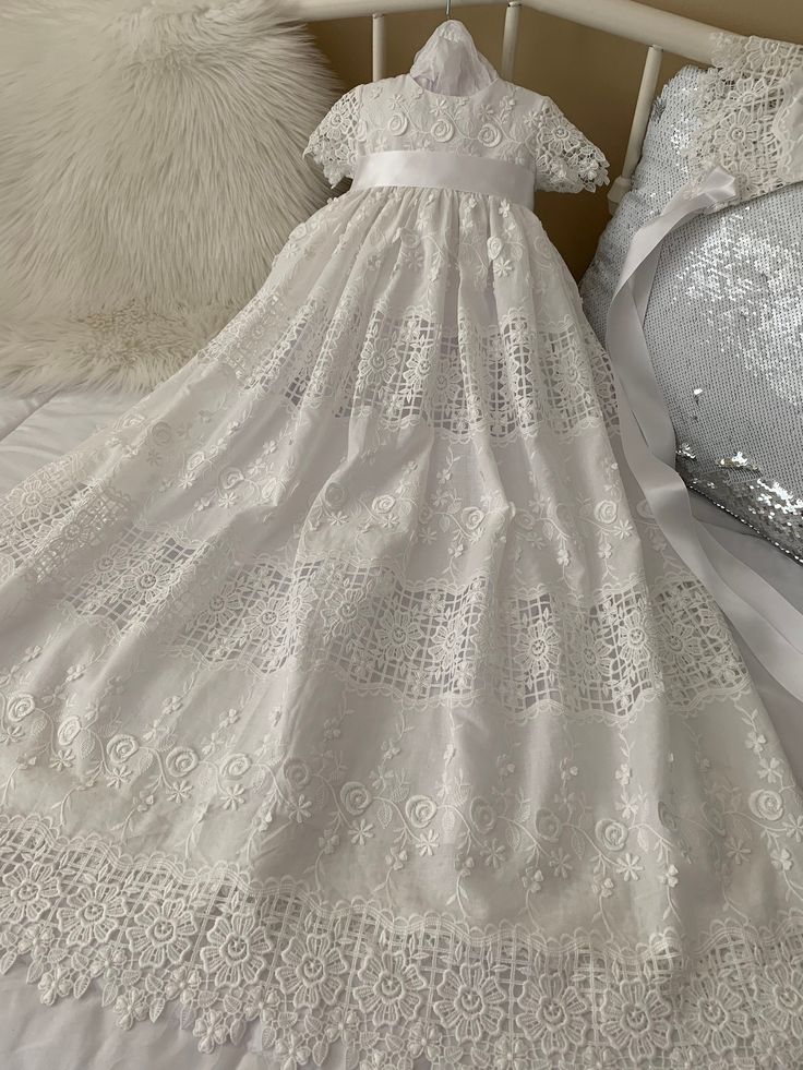 Elegant Fitted Embroidered Lace, Elegant Embroidered Fitted Lace, Formal Embroidered Lace Dress, Spring Ceremony Lace Dress, Fitted Bodice Lace Dress, Fitted Lace Dress With Lace Work, White Cotton Dress With Scalloped Lace, Fitted Floral Embroidery Baptism Dresses, Spring Lace Gown With Scalloped Details