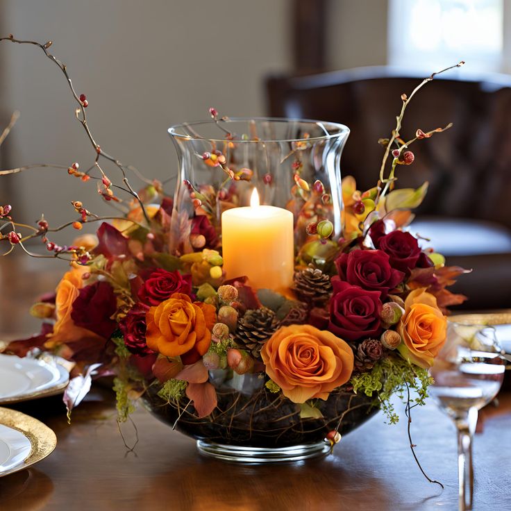 a centerpiece with flowers and candles on a table in front of a brown chair