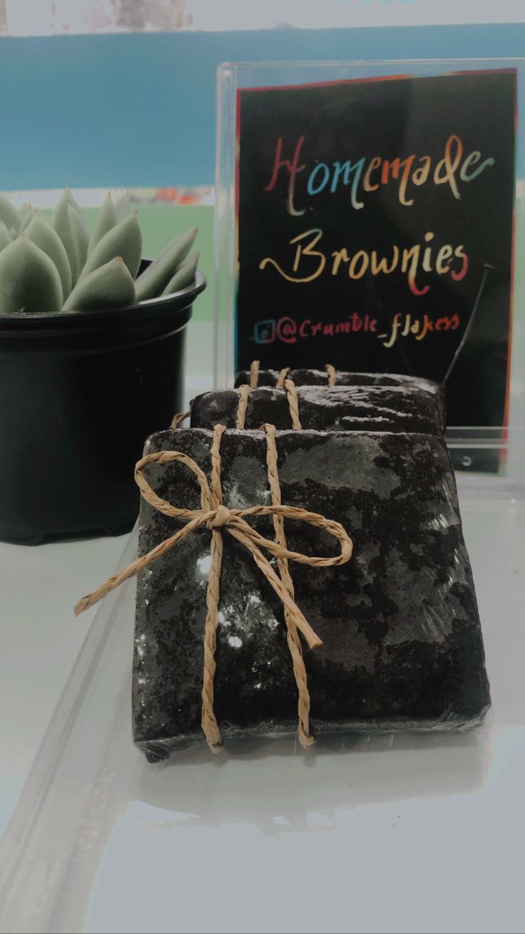 two black soaps tied with twine on top of a table next to a potted plant