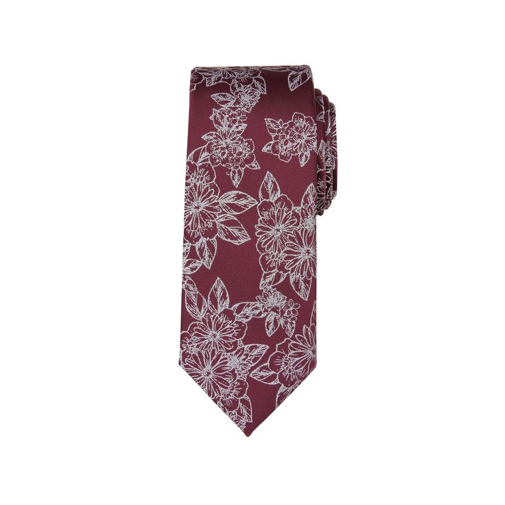 Show off your sense of style with this floral men's skinny tie from Bespoke. Show off your sense of style with this floral men's skinny tie from Bespoke. Floral design 2.5-inches wide Narrow width complements slim, modern dress apparelFABRIC & CARE Polyester Spot clean only Imported Size: One Size. Color: Dark Red. Gender: male. Age Group: adult. Elegant Red Ties For Spring, Elegant Red Spring Tie, Elegant Red Spring Ties, Classic Fitted Ties With Floral Print, Patterned Fitted Ties For Business, Classic Fitted Floral Print Ties, Spring Floral Print Fitted Suit And Tie Accessories, Red Tie For Spring Formal Occasions, Red Ties For Spring Formal Occasions