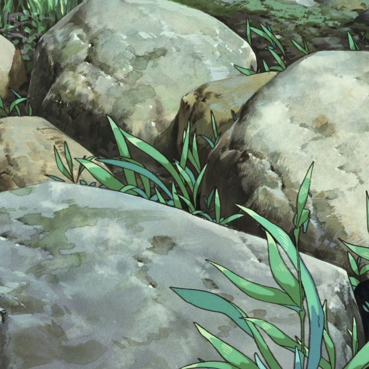 an anime scene with rocks and grass in the foreground