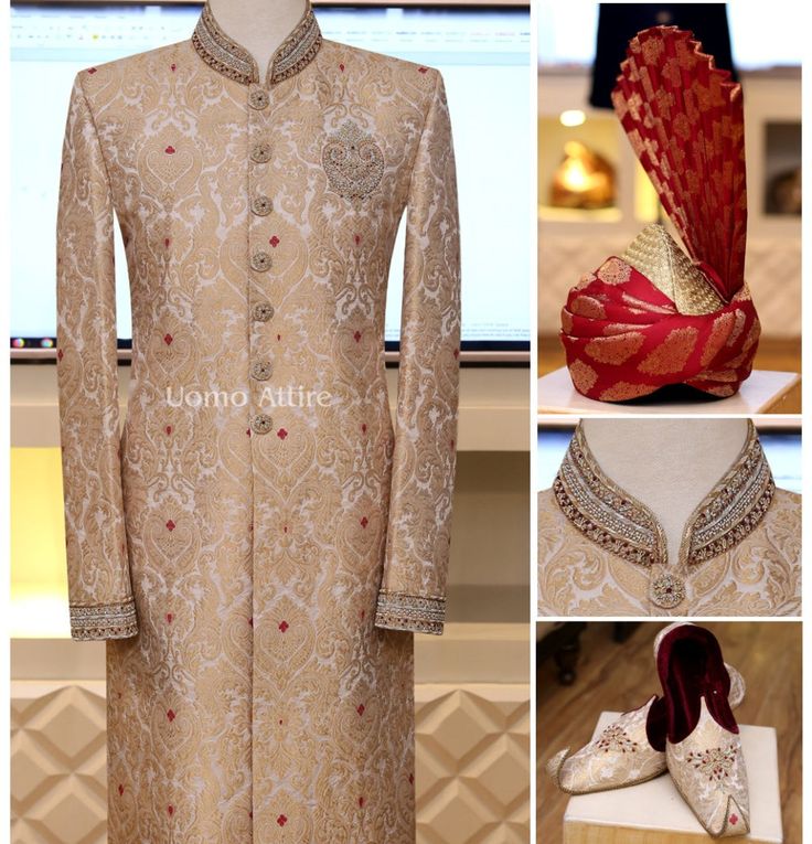 Description "The personality of the wearer and the hat makes the hat"Jamawar bespoke sherwani with Khusa and Turban looks very elegant for your big day. Bride And Groom Dress, Men's Suiting, Barat Dress, Groom Sherwani, Prince Coat, One Piece Outfits, Mens Sherwani, Sherwani For Men, Wedding Dress Men